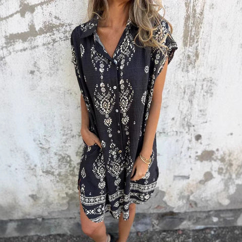 Women's shirt dress – Loose fit – Natural fibers – Boho print – Mini length