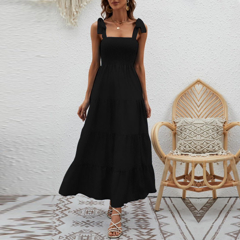 Robe longue femme – Bretelles à nouer – Buste smocké – Jupe volantée – Fibres naturelles