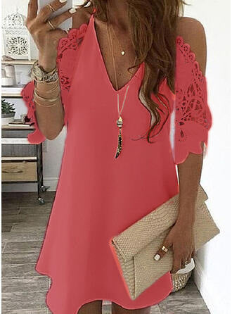 Women's trapeze dress – mini length – lace sleeves bare shoulders – V-neck