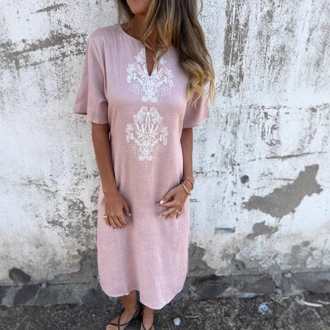 Women's midi dress – Natural fibers – Straight cut – Short sleeves – Front embroidery