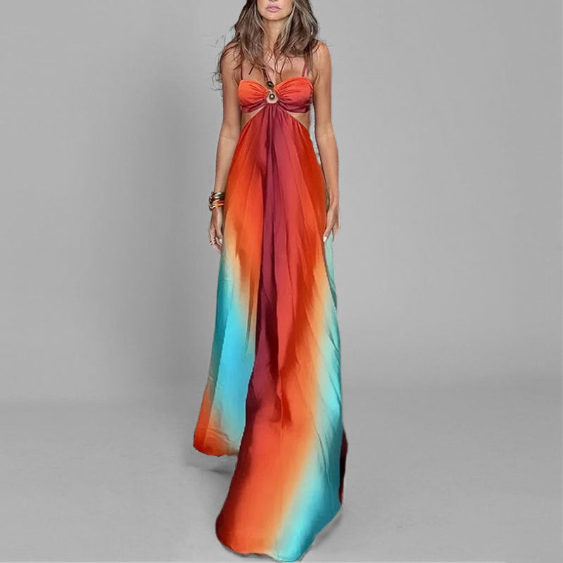 Robe longue femme – Coupe fluide – Bretelles fines – Dégradé – Détail anneau bustier