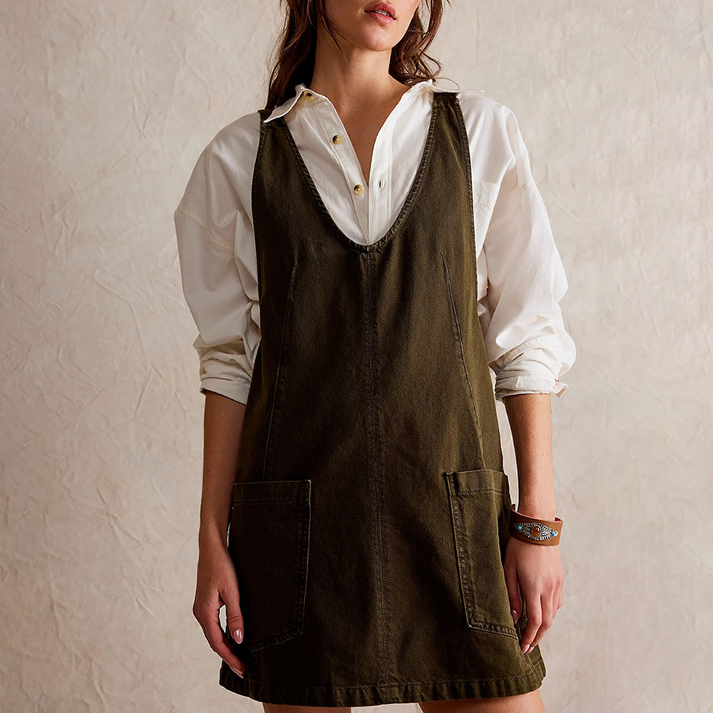 Women's Mini Dress – Loose Fit – Plunging Neckline – Sleeveless – Natural Fibers