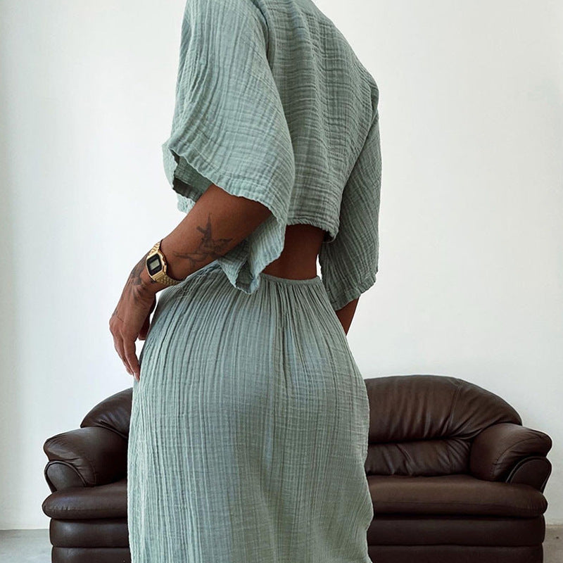 Women's long dress – Fitted cut – Open back – V-neck – Knotted detail – Breathable fabric