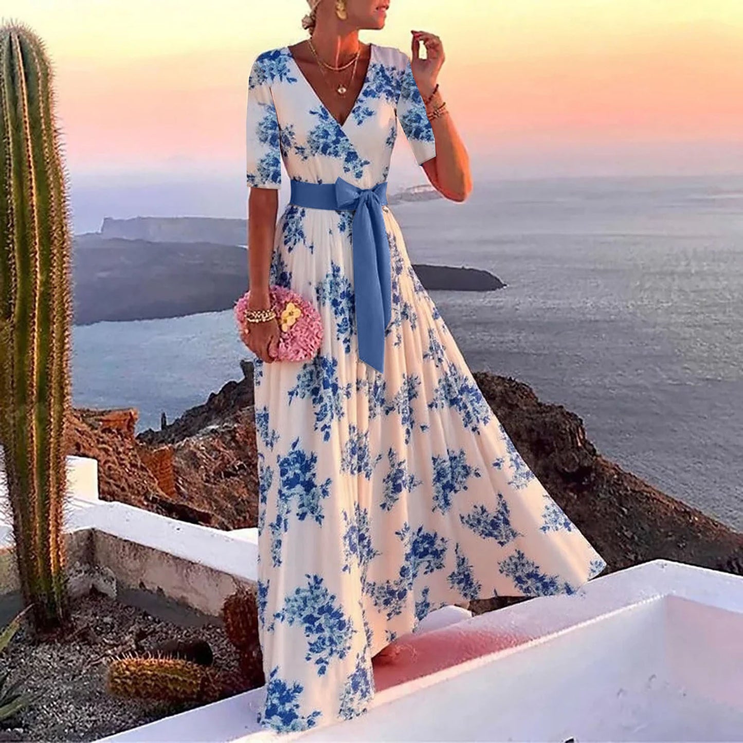 Robe longue portefeuille femme – Coton – Imprimé fleuri – Manches coudes – Col V