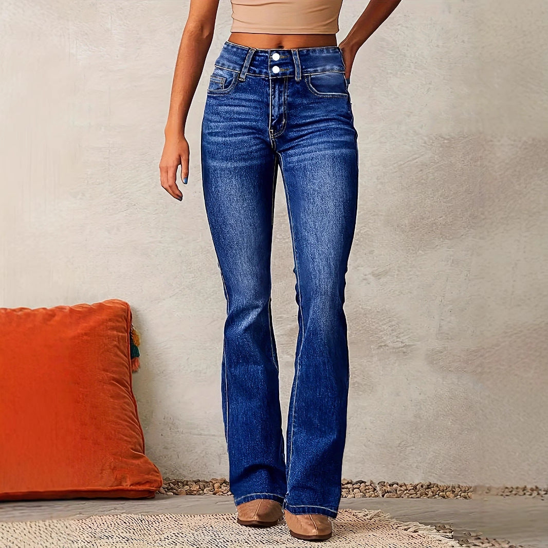 Jean évasé femme – Taille haute – Denim stretch – Coupe rétro – Longueur cheville