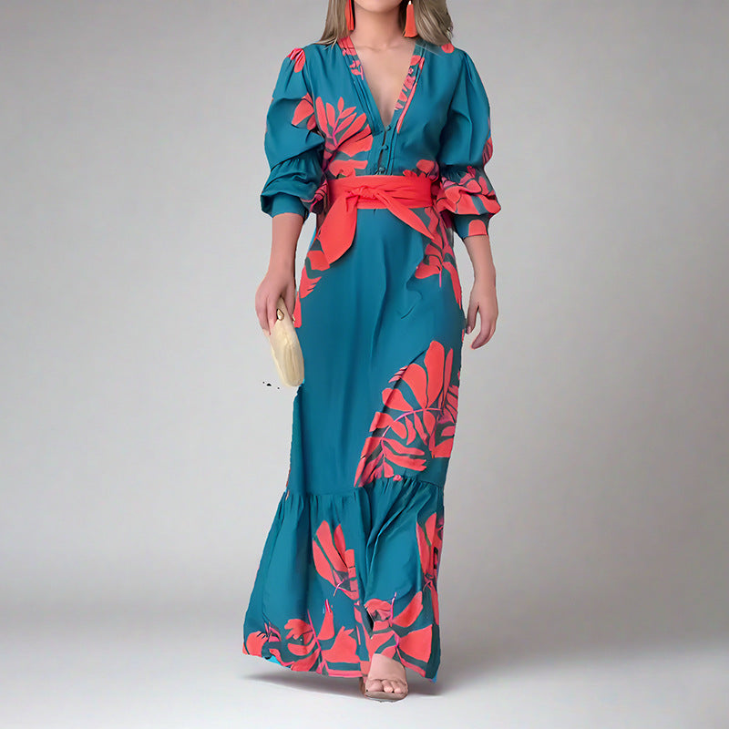 Robe longue femme – Tissu fluide – Manches bouffantes – Ceinture – Décolleté en V
