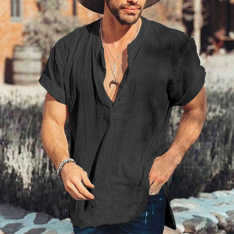 Casual men's shirt – Loose fit – Short sleeves – Breathable natural fibers – V-neck