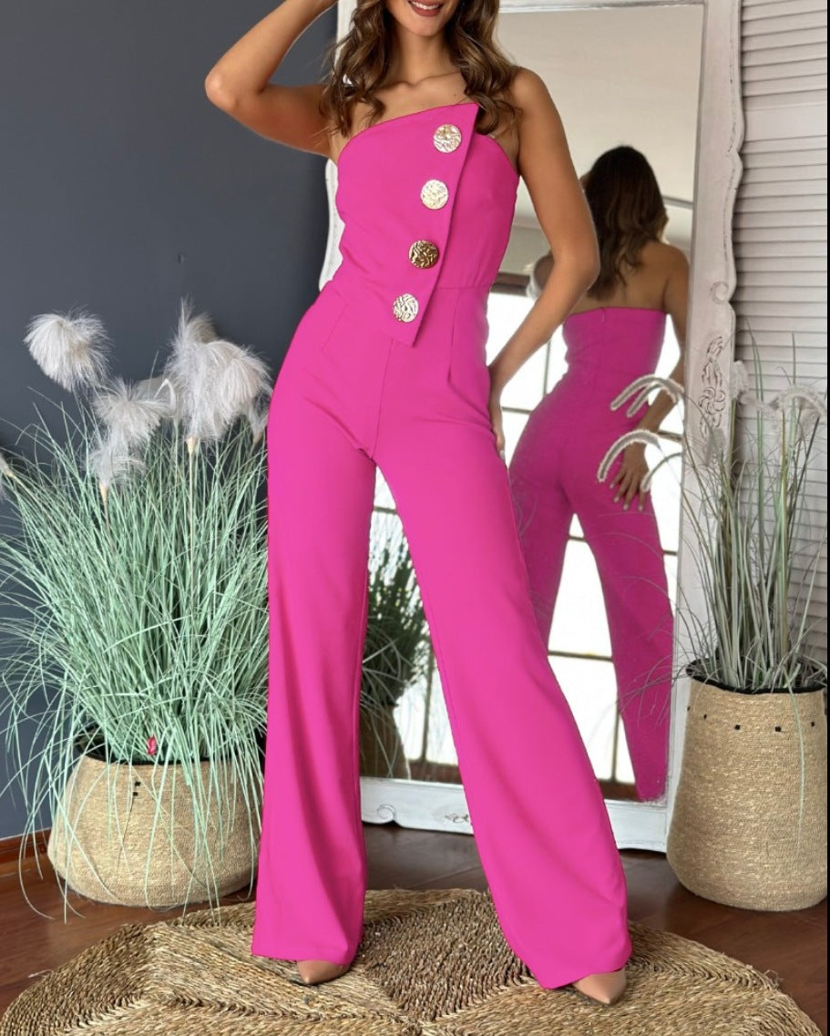 Women's jumpsuit – Asymmetric bustier top – Decorative buttons – Flared leg