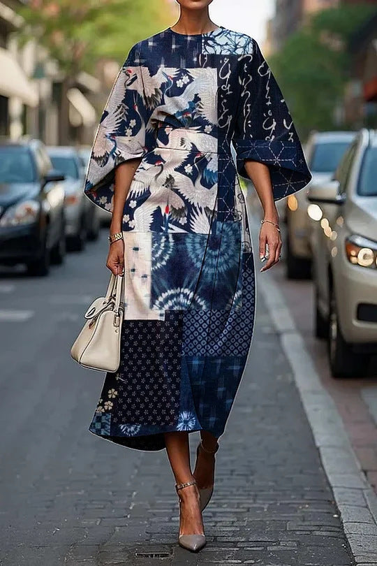 Robe midi femme – Tissu luxueux – Coupe évasée – Manches kimono – Imprimé floral