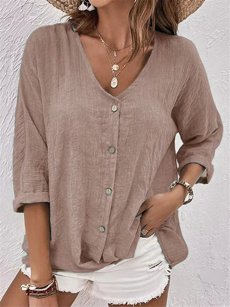 Women's blouse – Linen – Relaxed fit – V-neck – Buttoned 3/4 sleeves