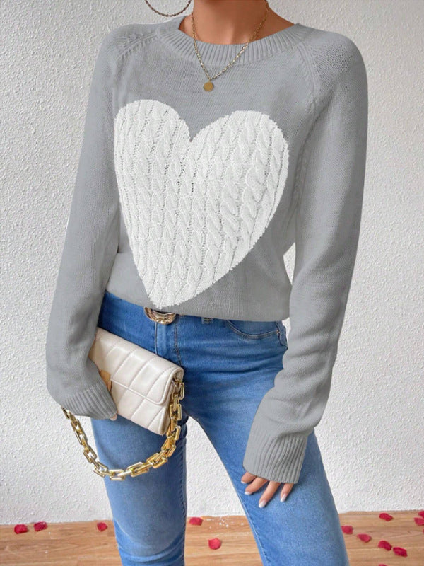 Women's Sweater – Soft Knit – Relaxed Fit – Heart Motif – Casual Round Neck