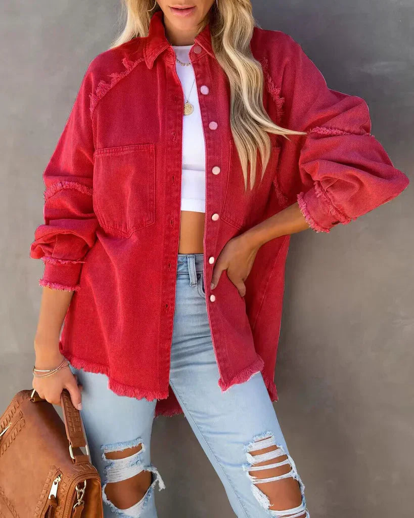 Women's overshirt jacket – Loose fit – Worn effect – Patch pockets – Front buttons