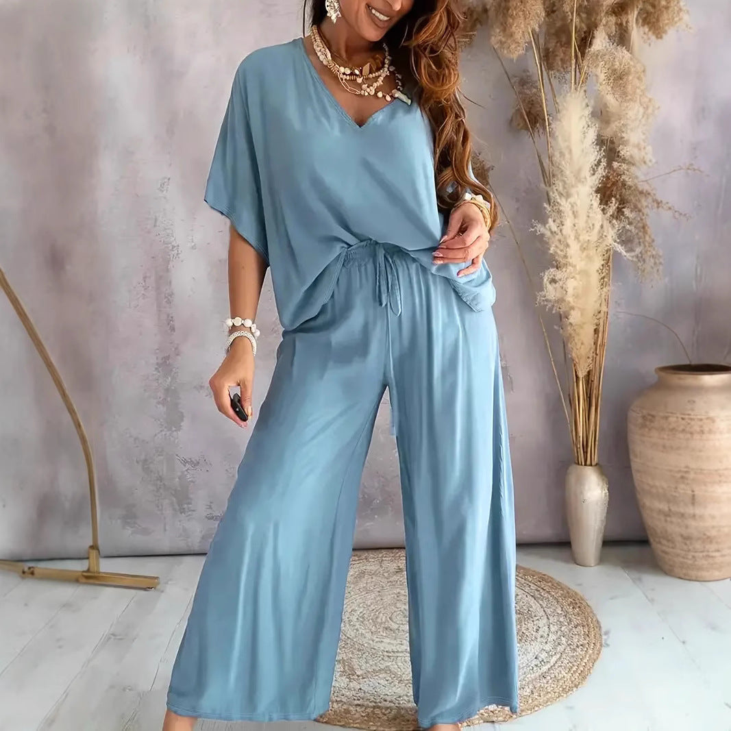 Women's Set Wide-Leg Pants and V-Neck Top – Loose Fit – Soft Breathable Fabric