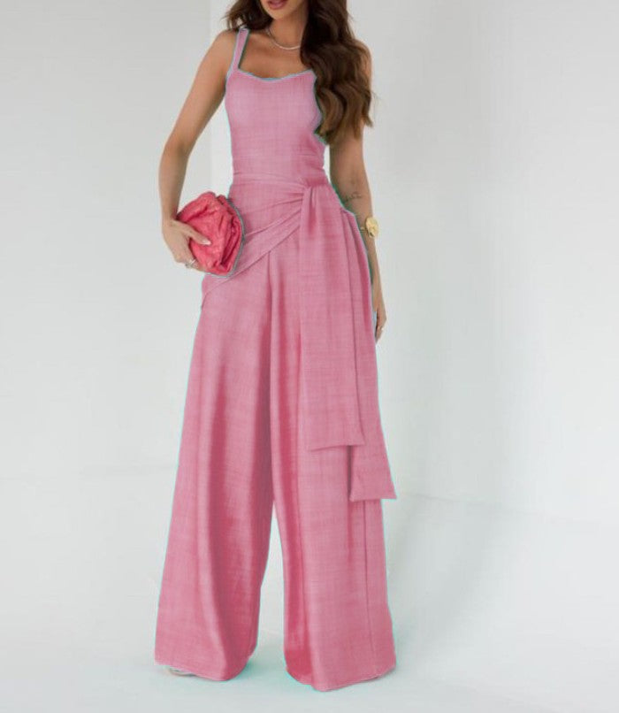 Jumpsuit for women – Lightweight linen – Sleeveless – Adjustable waist – Wide leg