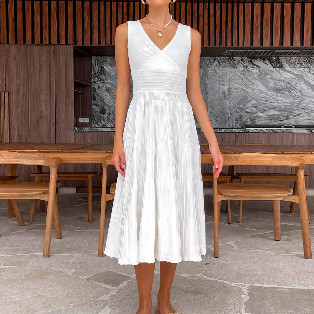 Robe midi femme – Encolure en V – Sans manches – Taille haute – Coupe évasée plissée
