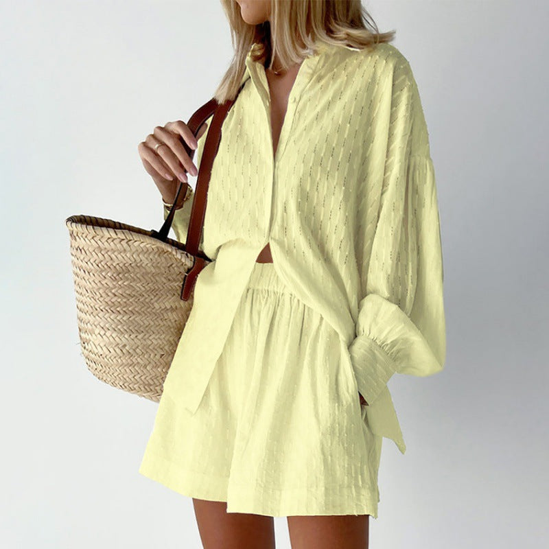 Women's Set Blouse and Shorts – Loose Fit – Textured Fabric – Puff Sleeves