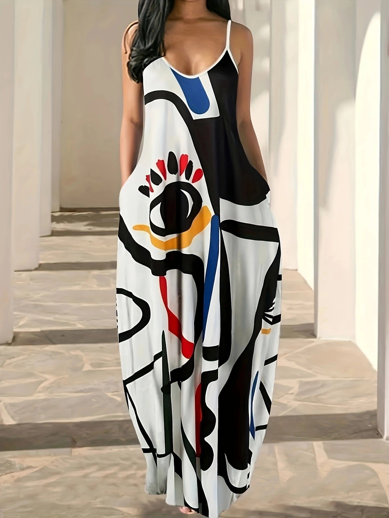 Robe longue femme – Coton léger – Coupe ample – Bretelles fines – Imprimé abstrait