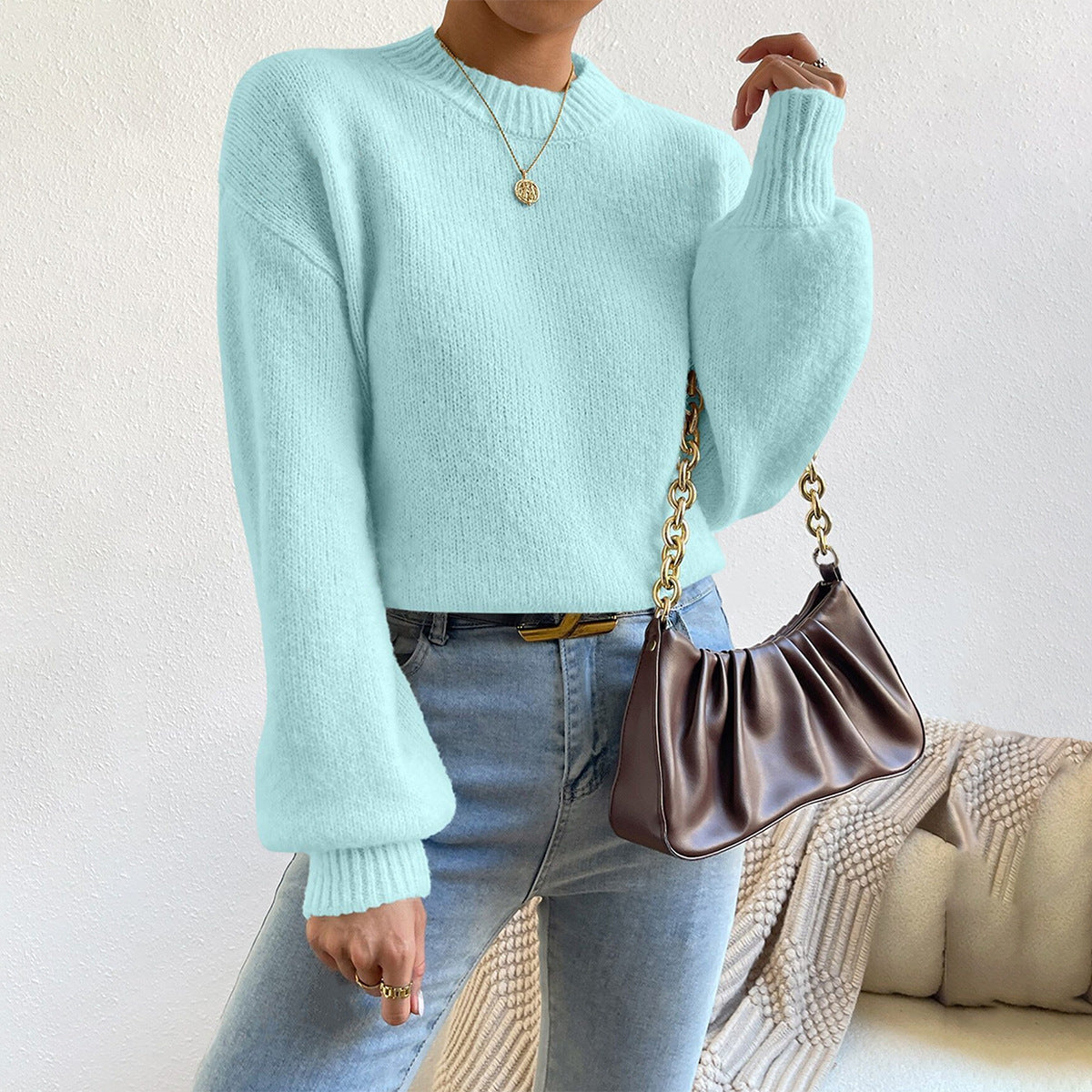 Pull Femme – Coupe Décontractée – Maille Douce – Col Rond – Manches Bouffantes