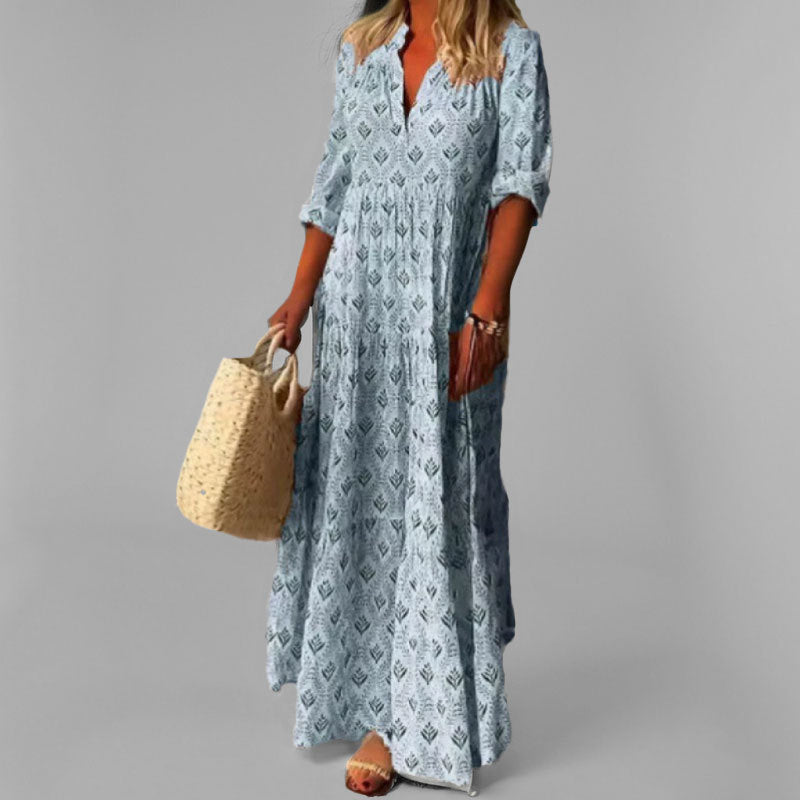 Robe longue femme – Coupe fluide – Tissu léger – Imprimé vintage – Col en V – Manches 3/4