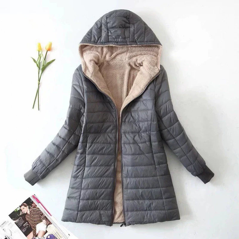 Women's Coat - Woven Fabric - Hood - Mid-Thigh Length