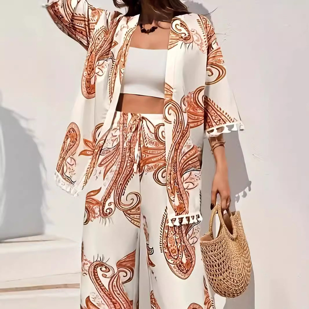 Women's Kimono Set – Relaxed Fit – Paisley Pattern – Breathable Fabric – Drawstring Waist