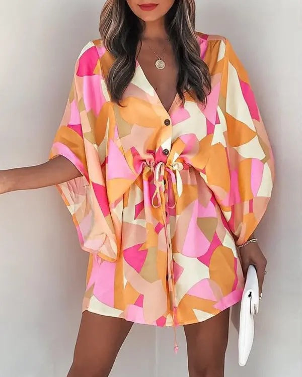 Women's Casual Dress – V-neck – Lace-up Waist – Ruffled Sleeves – Flowy Cut