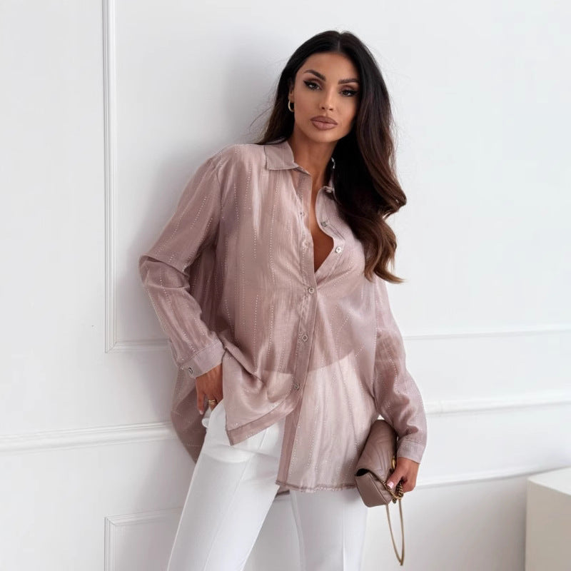 Chemise femme – Coupe oversize – Tissu respirant – Détails strass – Style décontracté