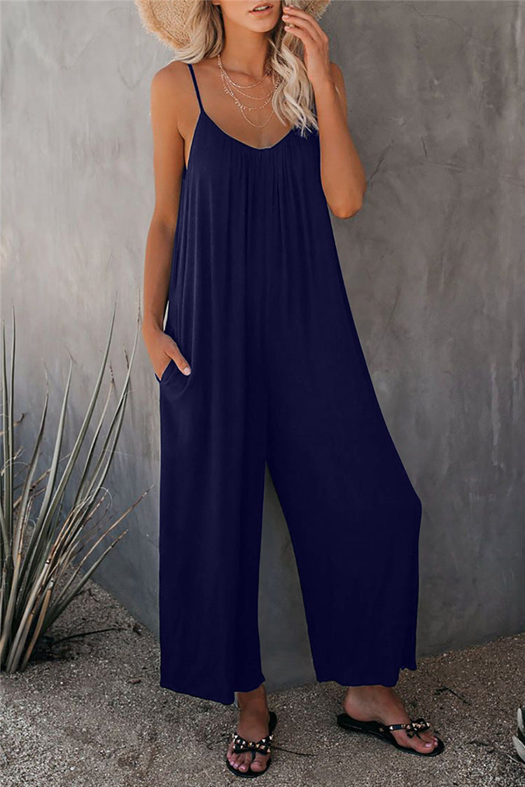 Women's jumpsuit – Relaxed fit – Thin straps – Breathable fabric – Long – Pockets