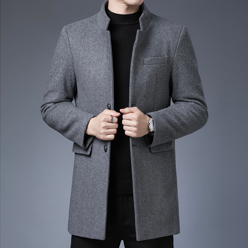 Mid-length men's coat – Slim fit – Wool effect – Stand collar – Dressy style