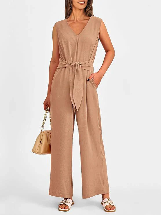 Women's jumpsuit – Sleeveless – Flowing cut – Tied waist – V-neck