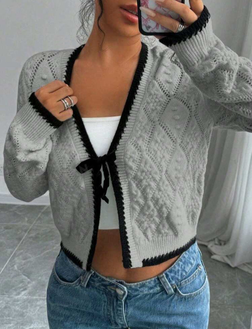 Cardigan Femme – Coupe Courte – Manches Longues – Nœud Devant