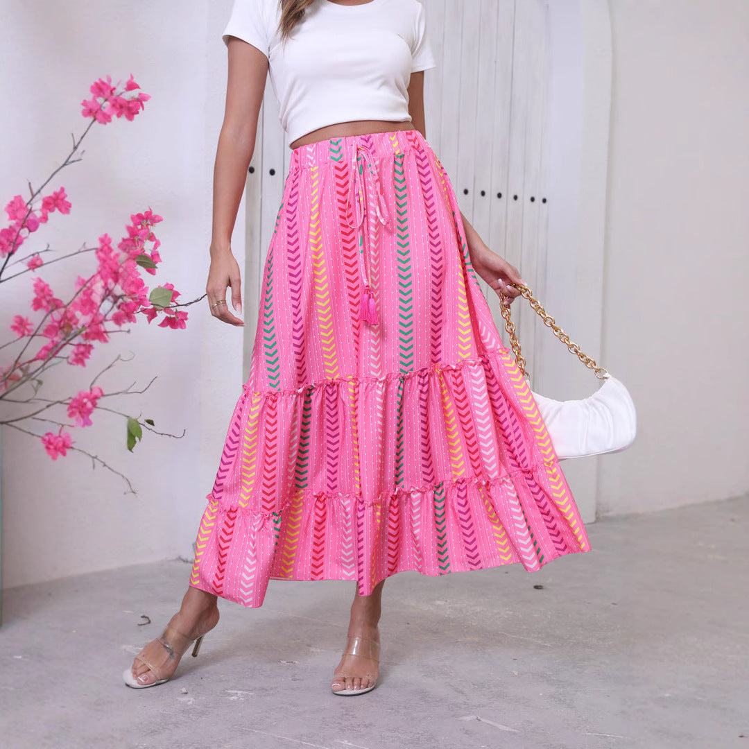 Women's long skirt – Bohemian style with ruffles – Tie waist – Flowing cotton fabric