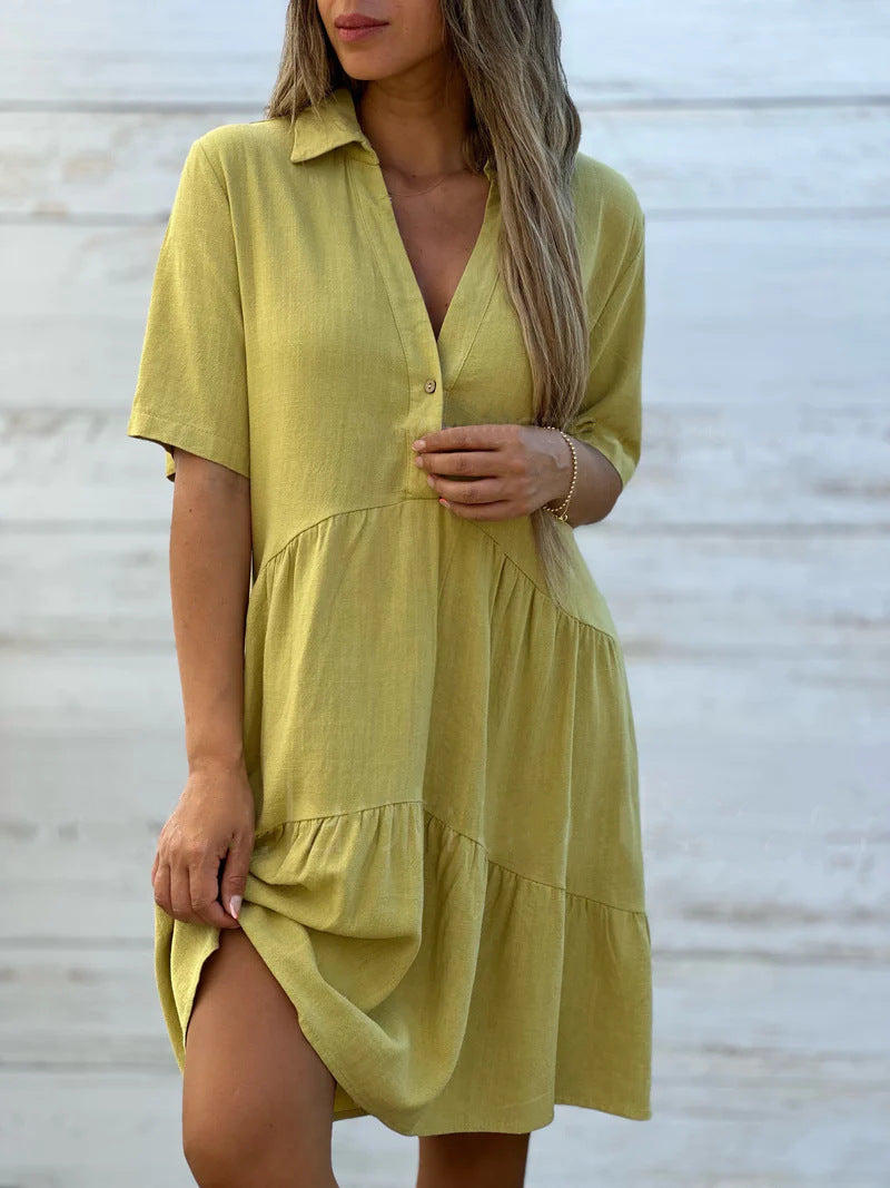 Casual women's dress – Flowing cut – Short sleeves – Shirt collar – Natural fibers