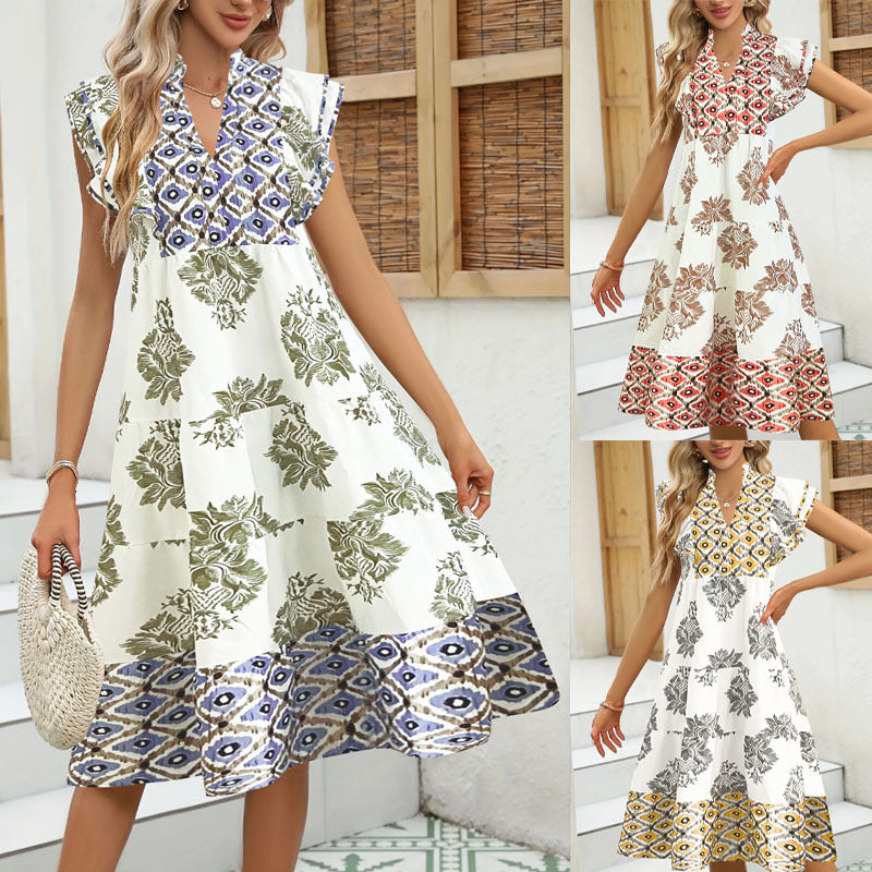 Robe midi femme – Coupe décontractée – Col en V – Manches courtes volants – Imprimée