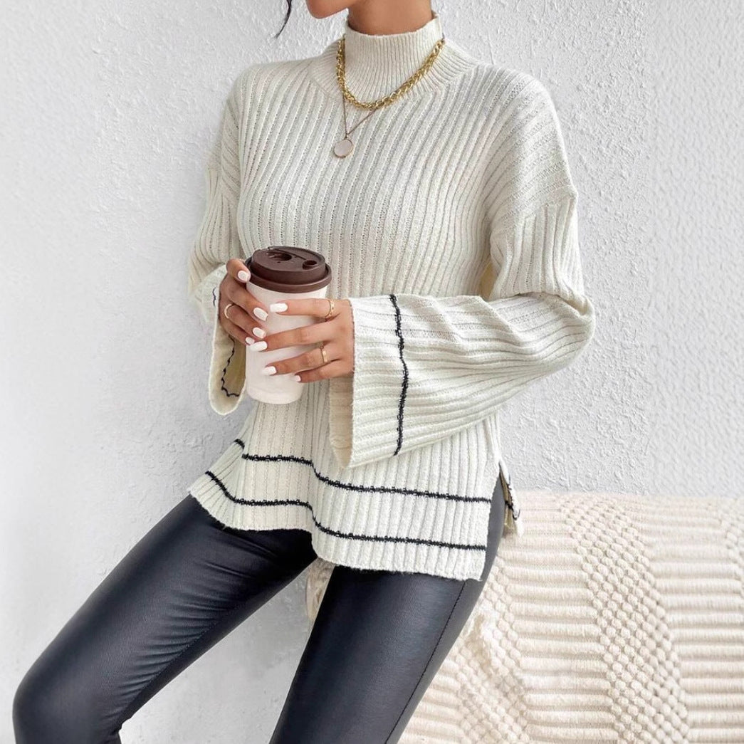 Pull femme en maille – Coupe oversize – Col montant – Manches longues – Rayures contrastées