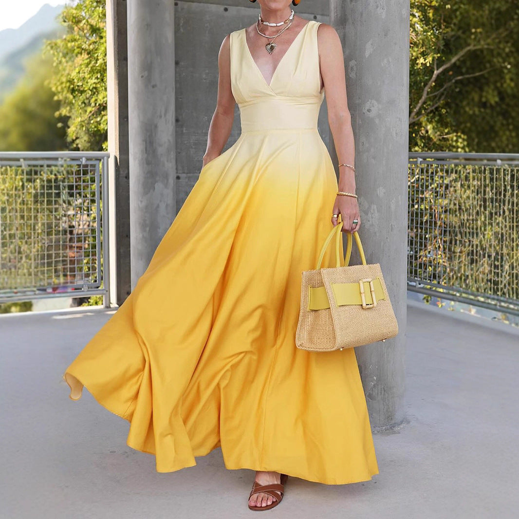 Robe longue femme – Coupe évasée – Décolleté en V – Sans manches – Avec poches