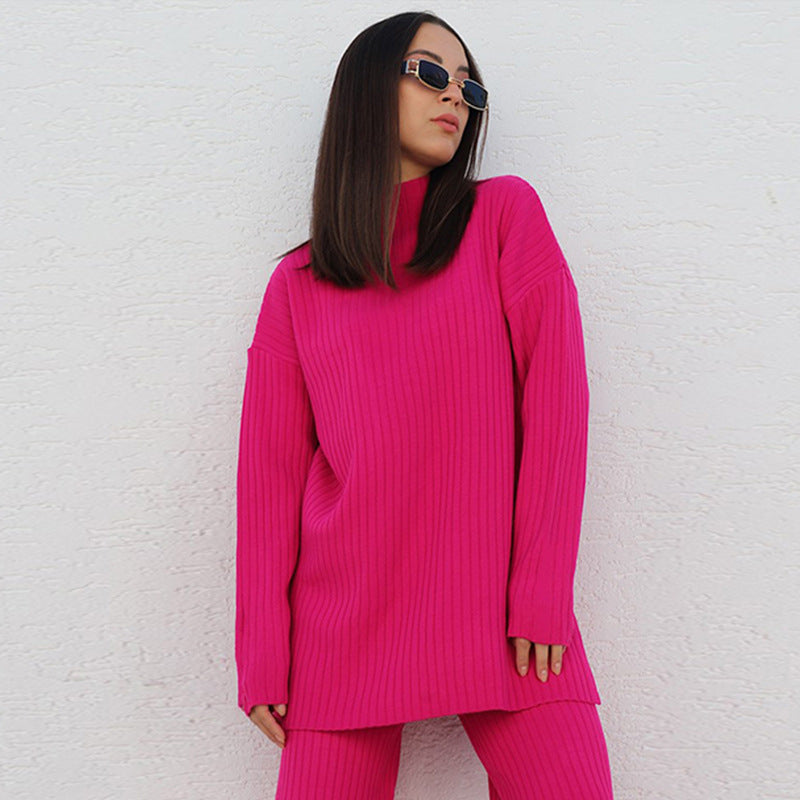 Ensemble Femme – Maille Côtelée – Coupe Ample – Col Montant – Pantalon Large