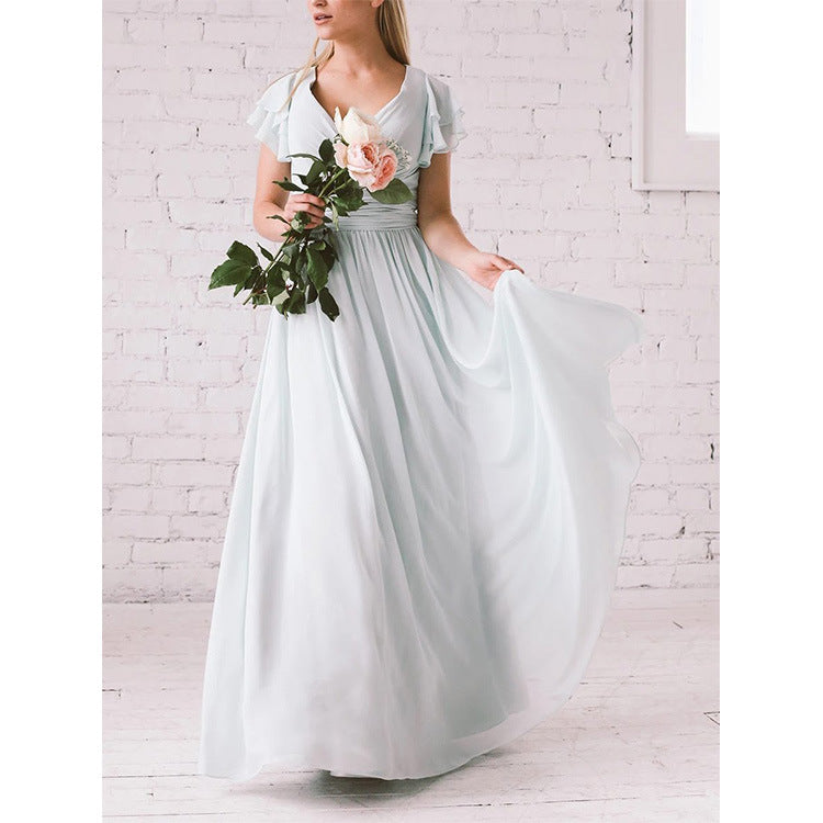 Women's long dress – Light flowing fabric – Butterfly sleeves – V-neck – Fitted waist