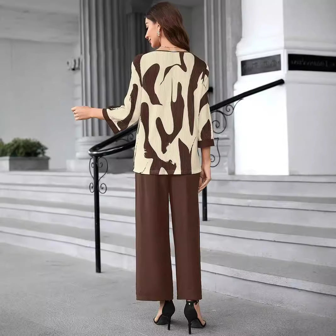 Loose women's top – Soft knit – Abstract print – Three-quarter sleeves – Round neck