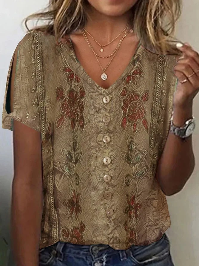 Women's blouse – Relaxed fit – Buttoned V-neck – Bohemian embroidery – Lightweight fabric