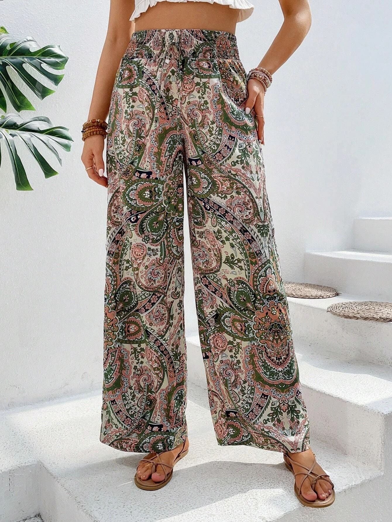 Wide women's pants – Loose fit – Elastic high waist – Breathable fabric – Bohemian print