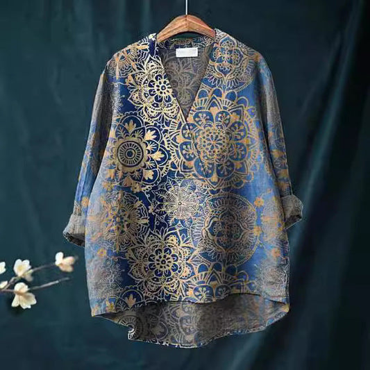 Women's long-sleeve shirt – Relaxed fit – V-neck – Graphic print