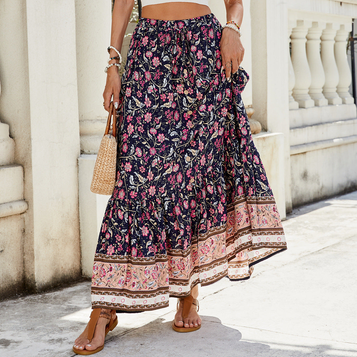 Women's long skirt – Fluid cut – Bohemian style – Floral print – Natural fibers