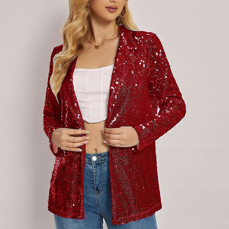 Blazer femme – Coupe cintrée – Sequins brillants – Manches longues – Sans fermeture