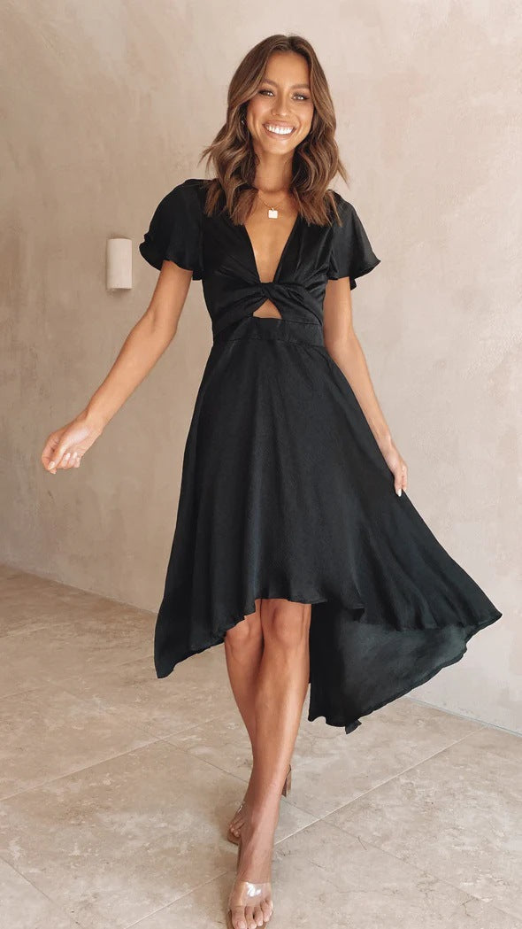 Women's midi dress – V-neck – Short flutter sleeves – Tied waist – Flowing fabric