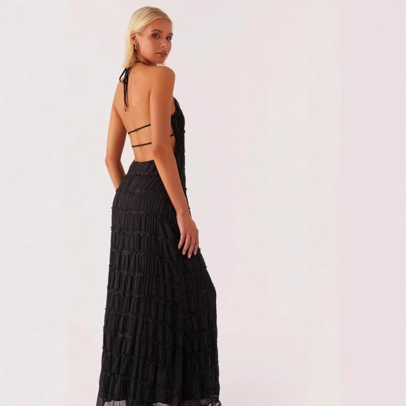 Robe longue femme – Col halter – Dentelle – Taille nouée – Coupe fluide