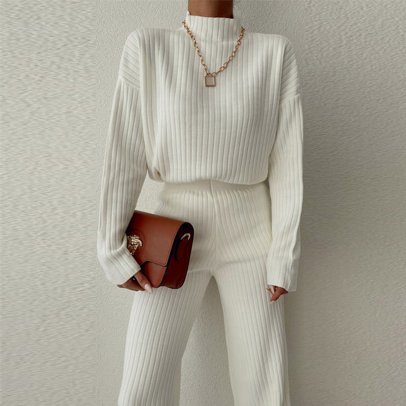 Ensemble Femme – Maille Côtelée – Coupe Ample – Col Montant – Pantalon Large