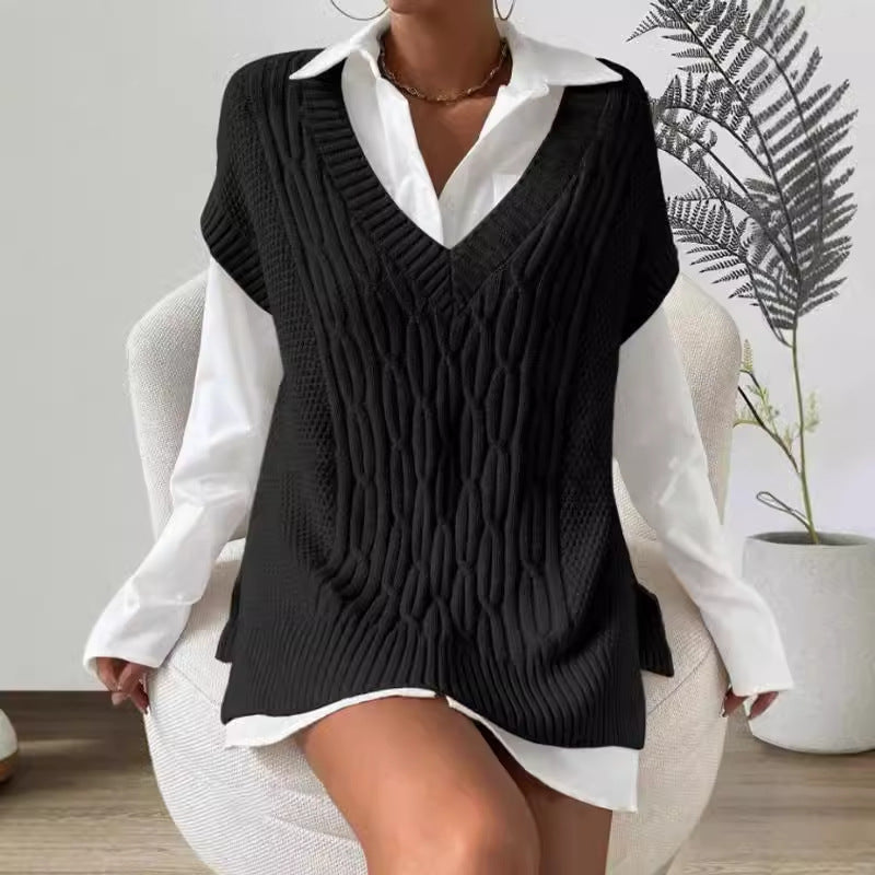 Gilet Sans Manches Femme – Coupe Oversize – Maille Douce – Col V Profond – Côtelé