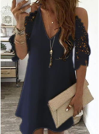Women's trapeze dress – mini length – lace sleeves bare shoulders – V-neck