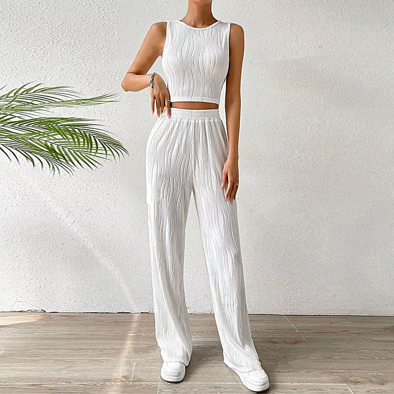 Women's Two-Piece Set – Fitted Sleeveless Crop Top – High-Waisted Straight-Leg Pants